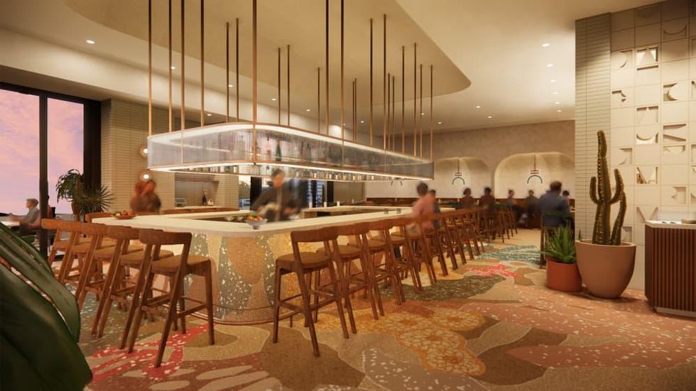 A rendering of a mosaic bar and floor with a hanging bottle rack and lighting.