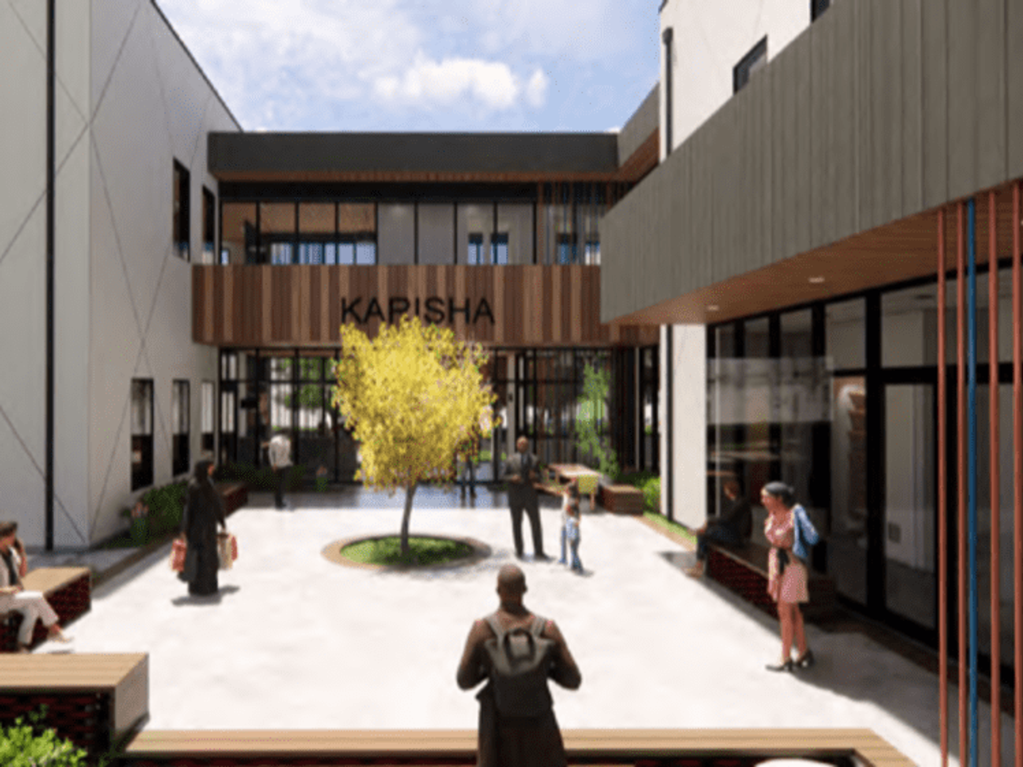 A rendering of the Karisha campus: a concrete courtyard and a wood-paneled building, with a tree in the center and people walking through.