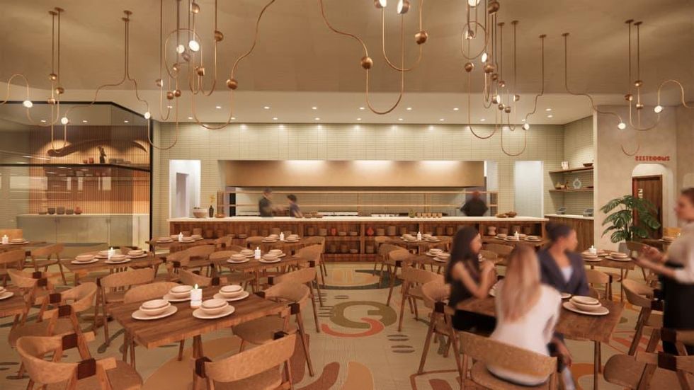 A rendering of the main dining room at Verdad with a mosaic floor and wood furniture.