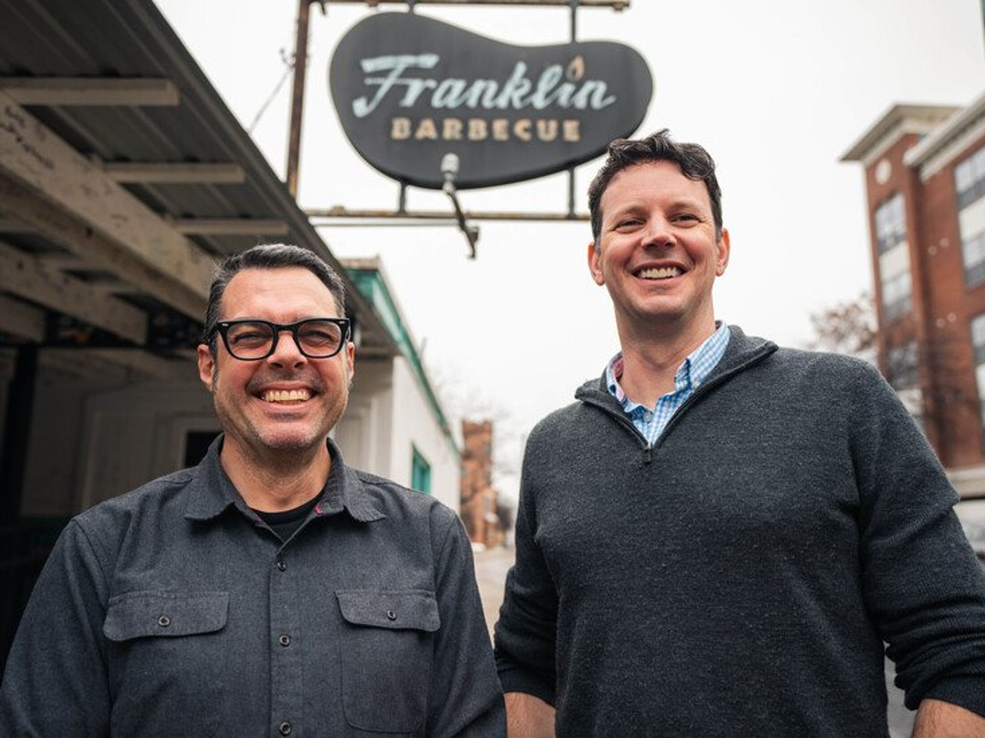 Aaron Franklin of Franklin Barbecue with Mark Brega of British Airways