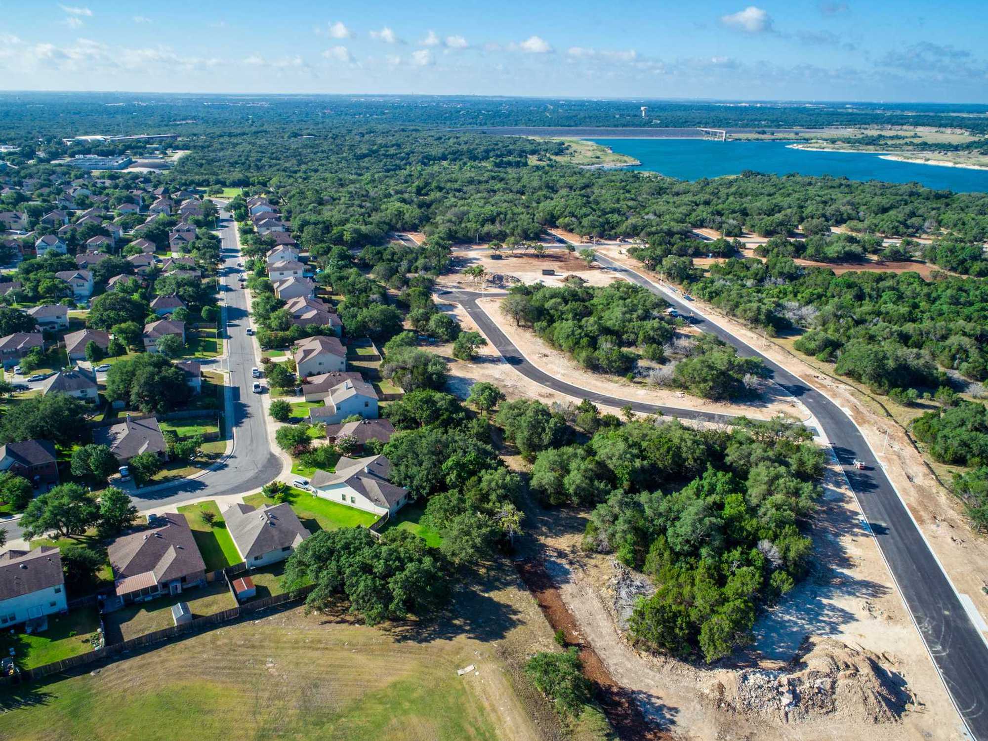 Aerial drone view above homes and houses in Georgetown , Texas