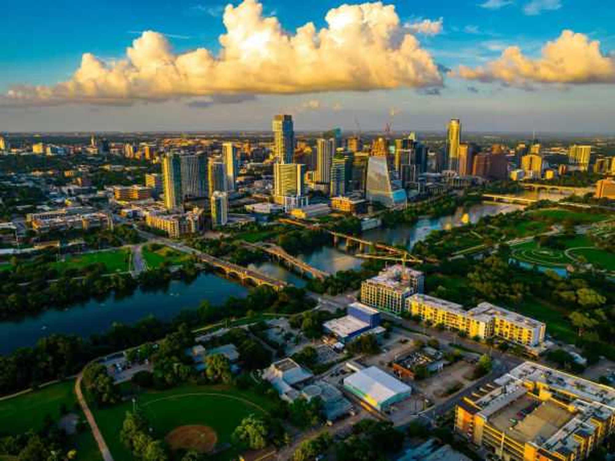 Austin aerial skyline at sunset
