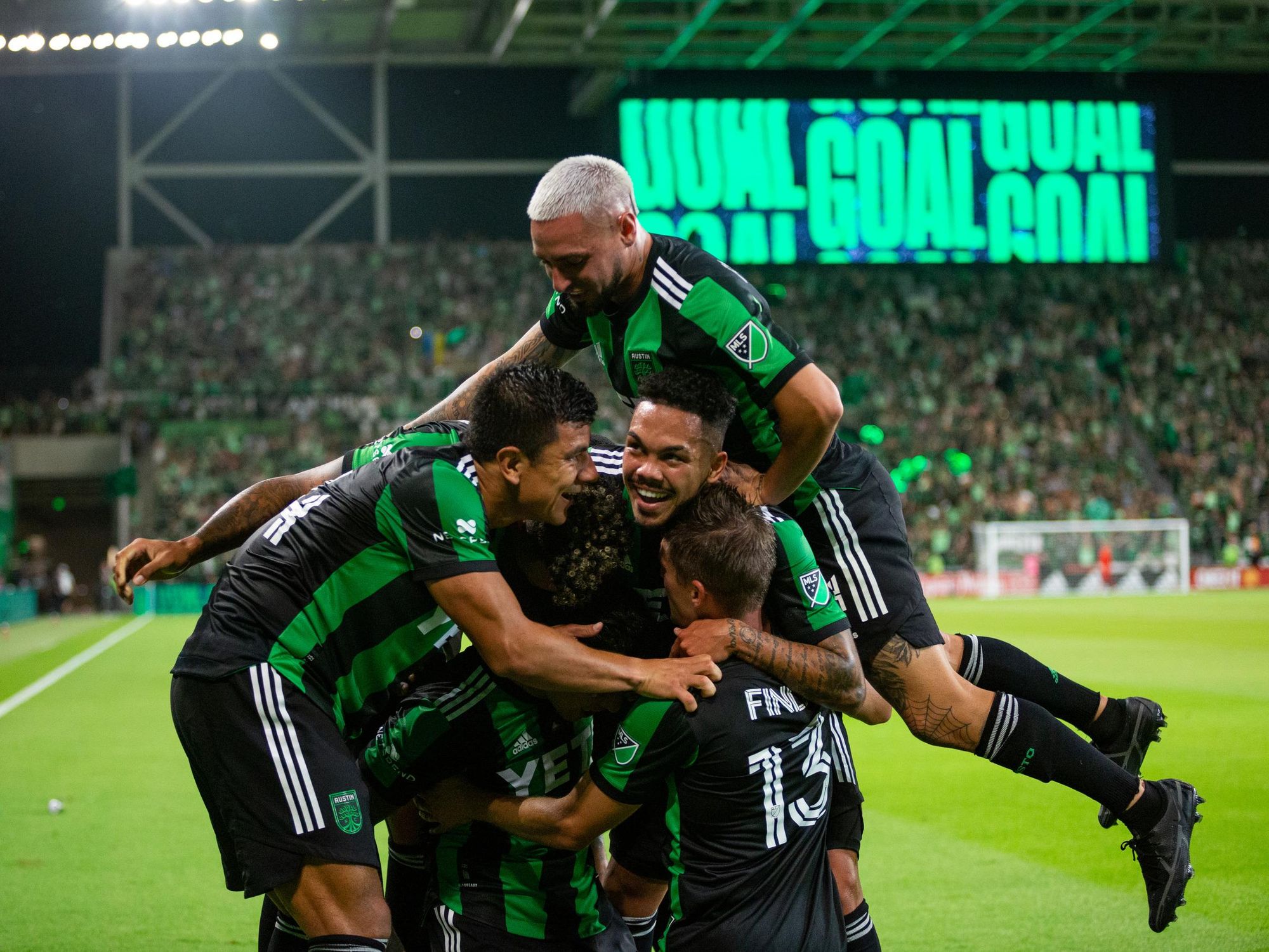 Austin FC piles up at Q2 Stadium after a goal