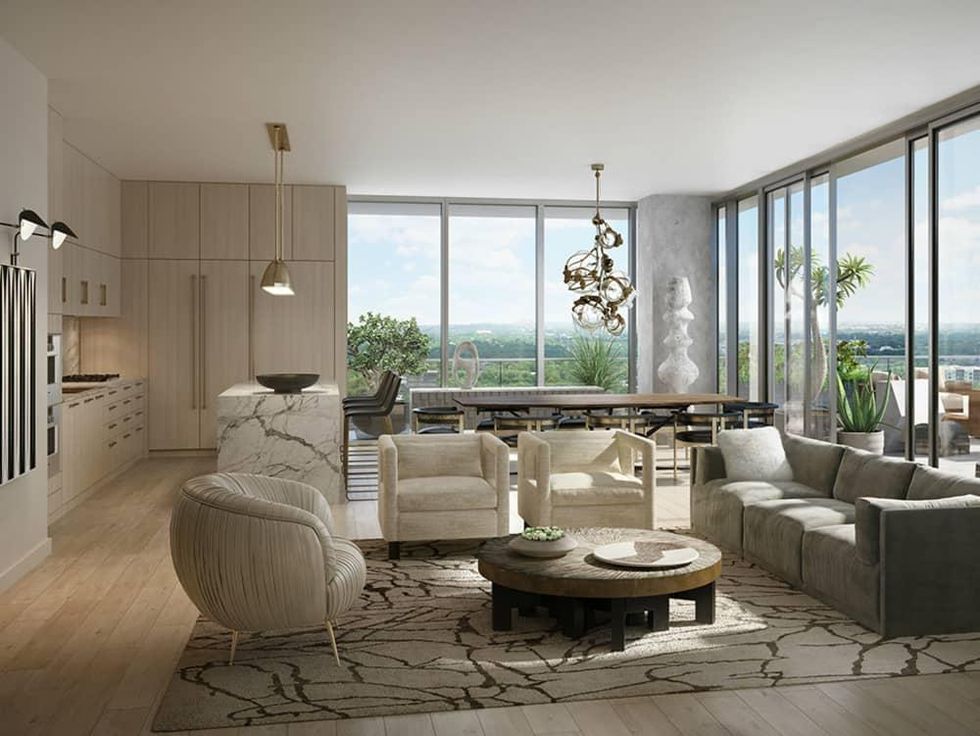 Austin Proper residence living room kitchen rendering 2015