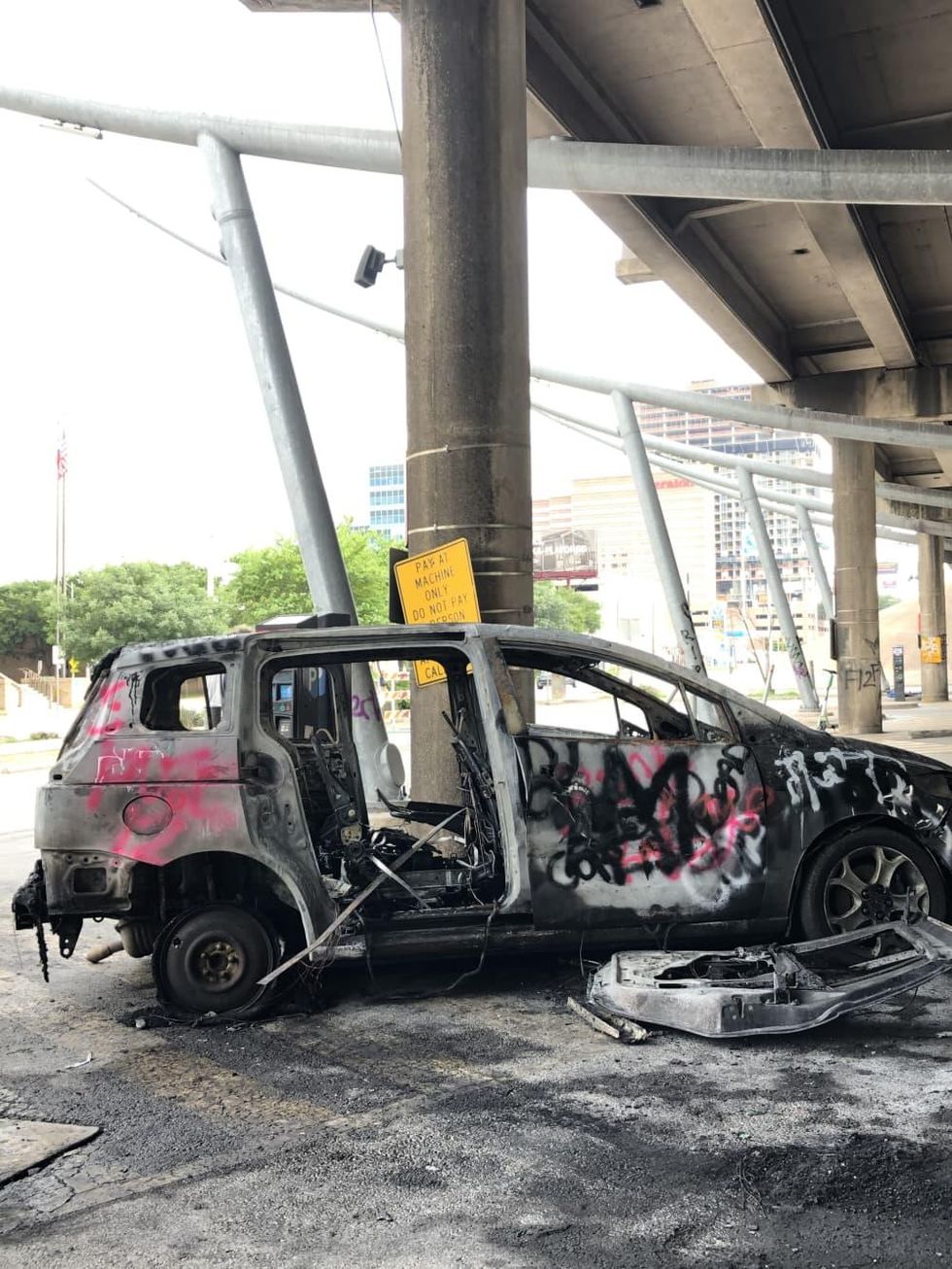 Austin protests burned car sunday morning