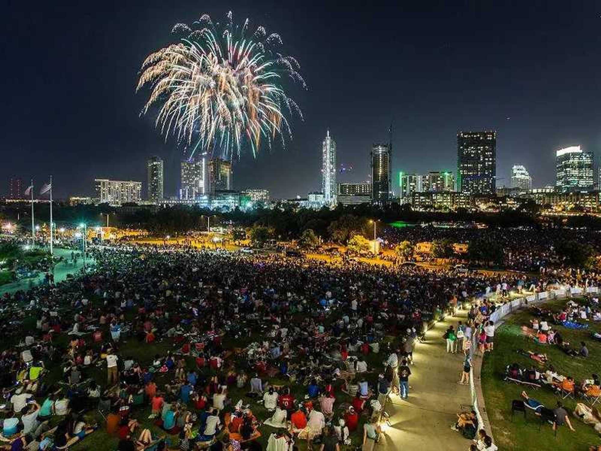 Austin skyline Fourth of July fireworks