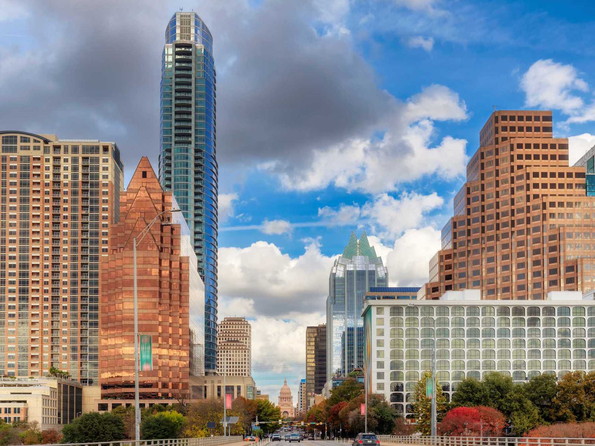 austin skyline view to downtown from Congress bridge