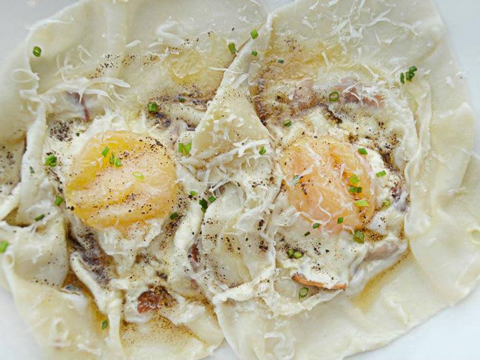Bacon and egg ravioli at Bonneville restaurant in Austin
