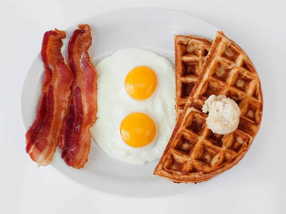Bacon, eggs and waffles from 24 Diner