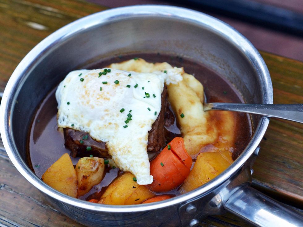 Beef Shoulder with Fried Egg, Carrots, Mashed Potatoes, Salty Sow