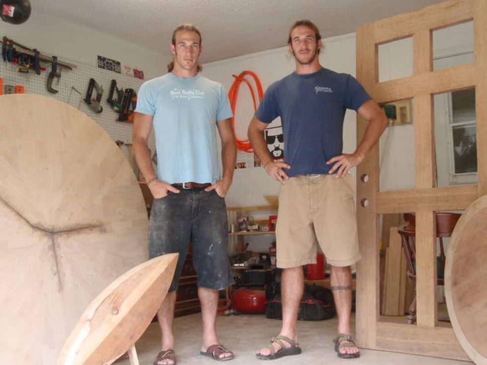 Brian and Craig Welborn of Welborn Woodworking flipping the block