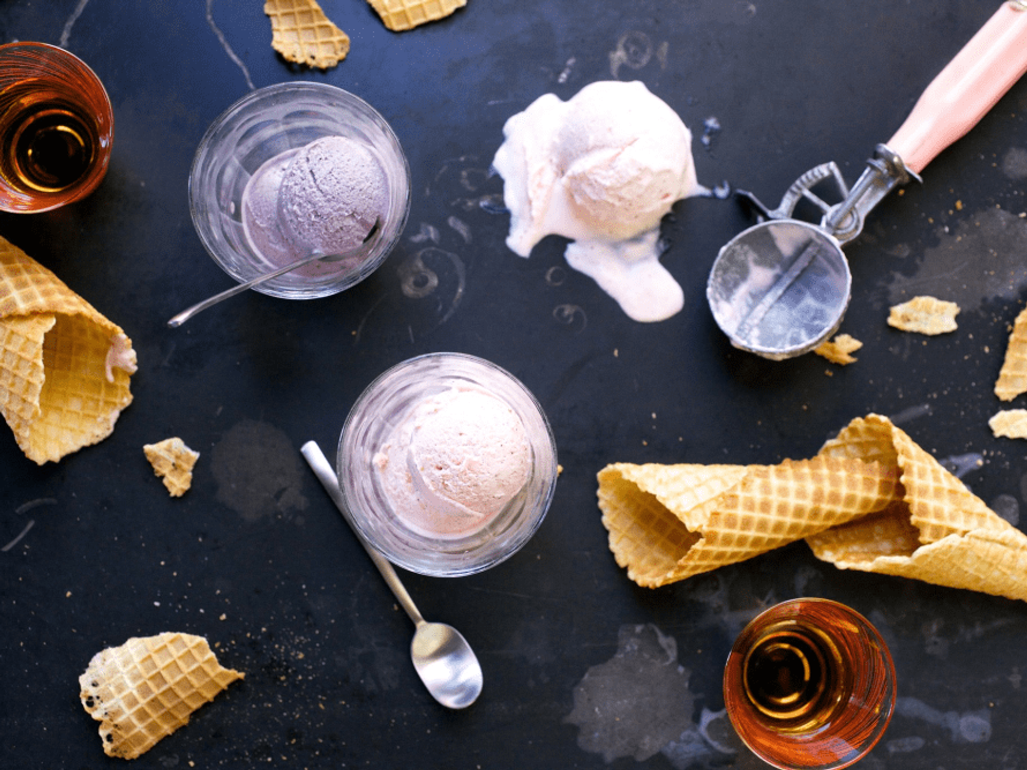 Broken cones, negroni, and glasses of gelato by Gelateria Gemelli.