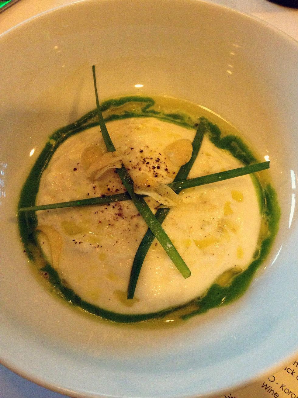 Burrata with green onion and fried garlic