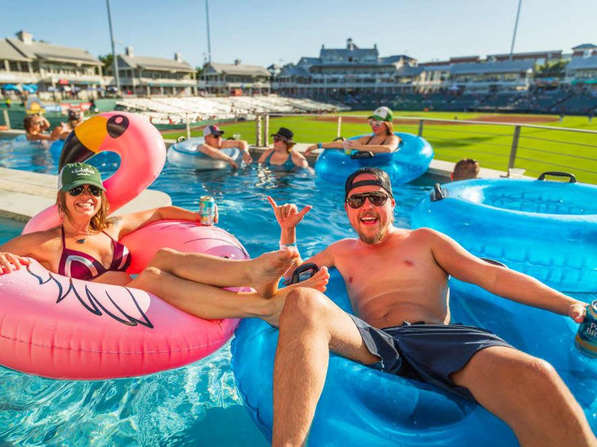 Catch a baseball game from the Lazy River at Rider's Field.