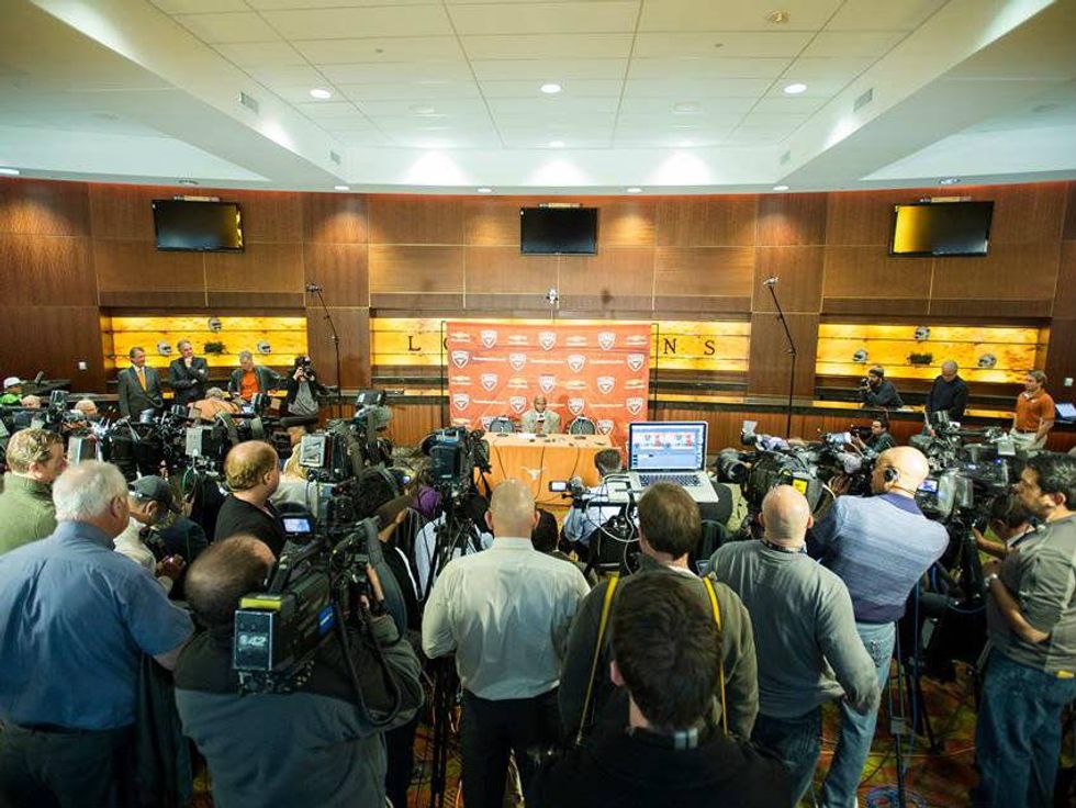 Charlie Strong with media and press at introduction in January 2014