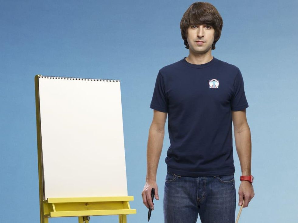 comedian Demetri Martin with giant sketchpad