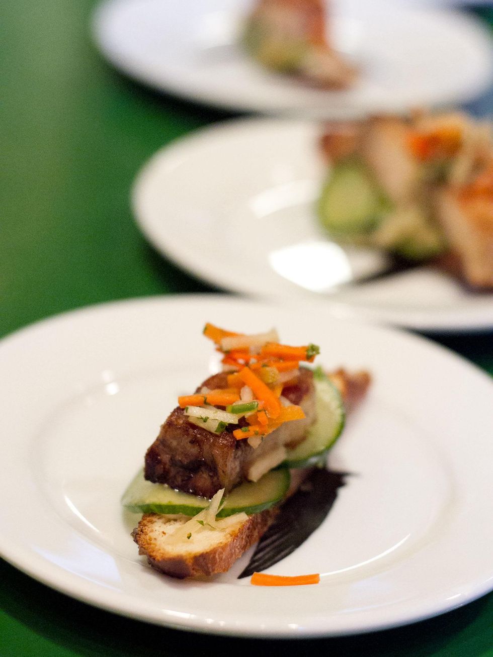 CultureMap Presents Meet Mia Wine Swift's Attic Pretzel Crostini with Braised Pork Belly