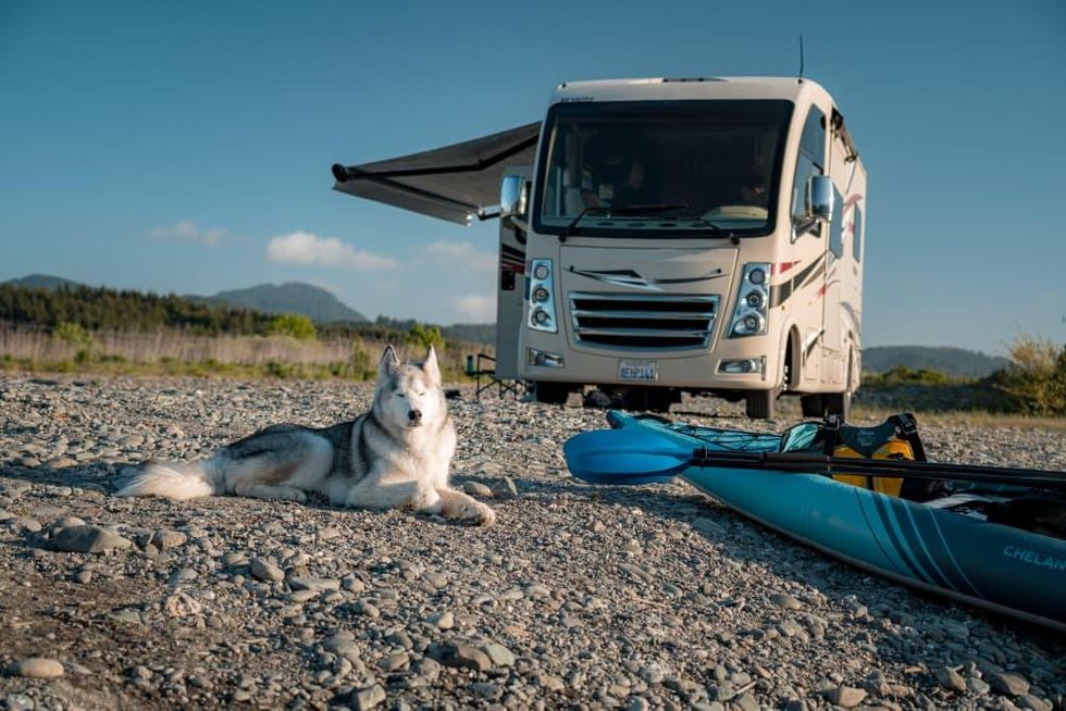 Dog and kayak in front of RV