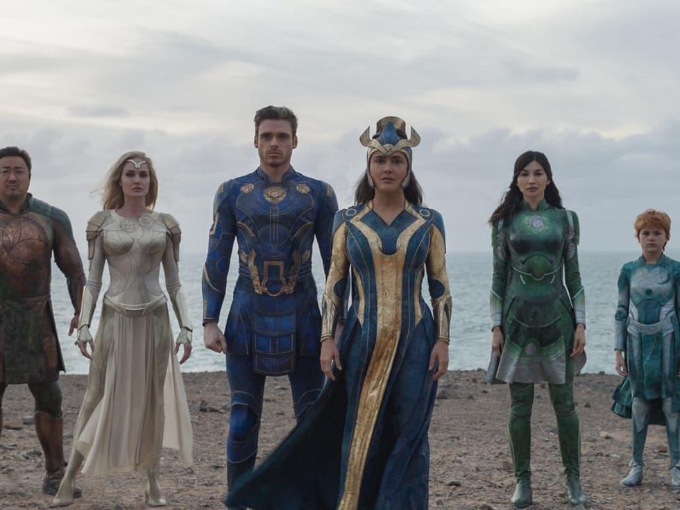 Don Lee, Angelina Jolie, Richard Madden, Salma Hayek, Gemma Chan, and Lia McHugh in Eternals