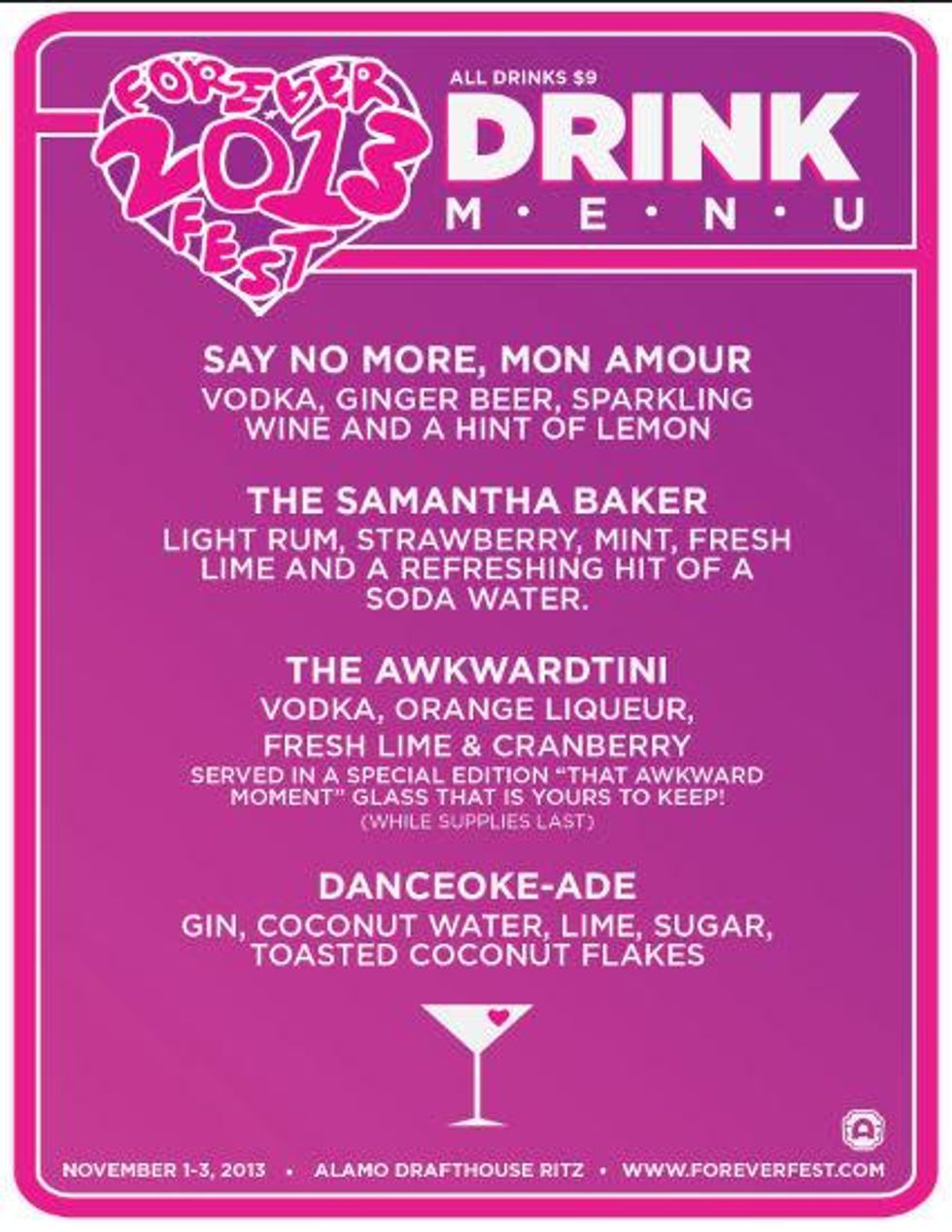 drink menu of cocktails available at Forever Fest