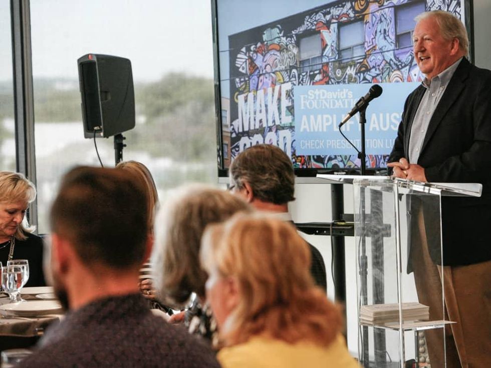 Earl Maxwell, CEO St. David\u2019s Foundation addressing the group of local organizations about to receive $1 million in Amplify Austin Day matching dollars