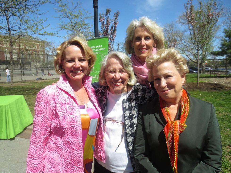 Emily Connor, from left, Liz Smith, NAME and Bette Midler.Ann Richards Memorial Garden in New York May 2014
