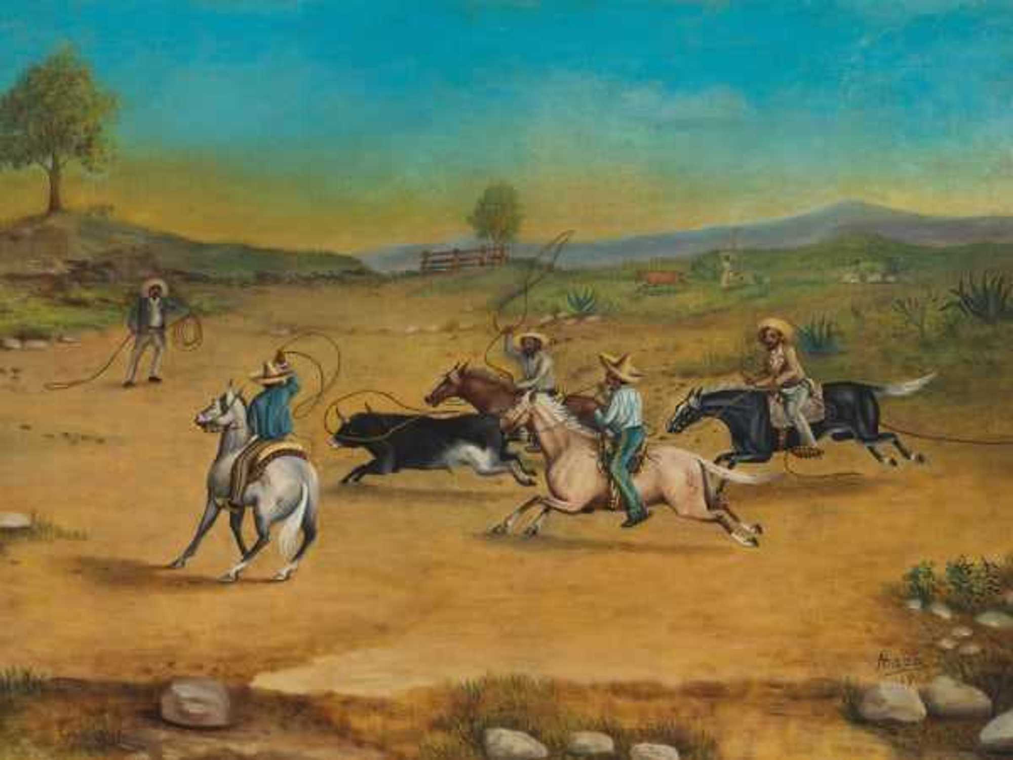 Ernesto Icaza Sanchez, Lassoing Cattle (Lasando una res); Tejano Legacy: Another American Origin Story exhibit at the Briscoe Western Art Museum