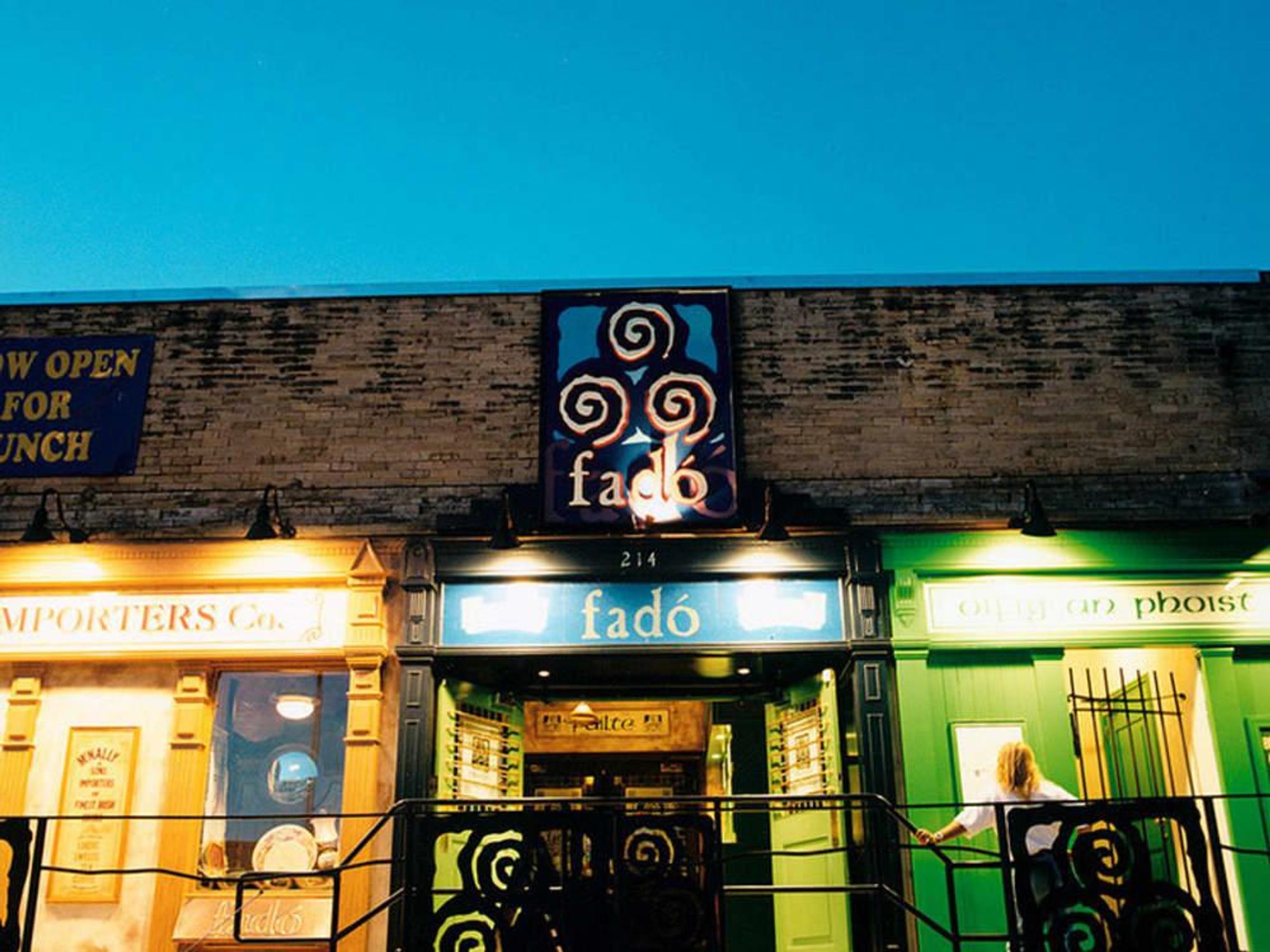 exterior of Fado Irish Pub at night