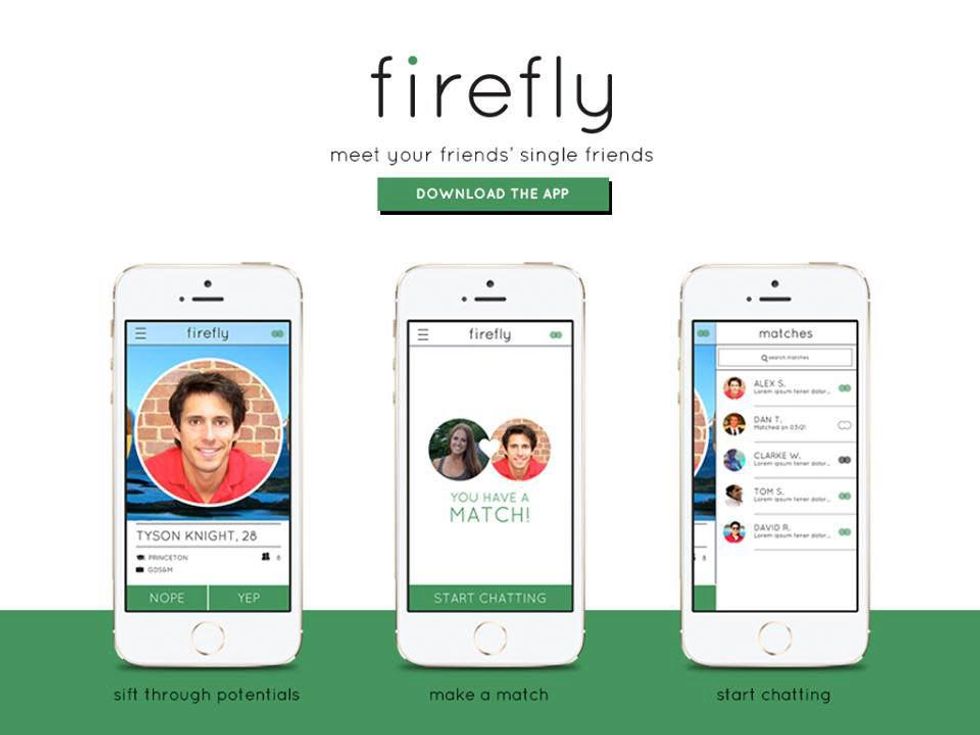 Firefly dating app with three screenshots of app