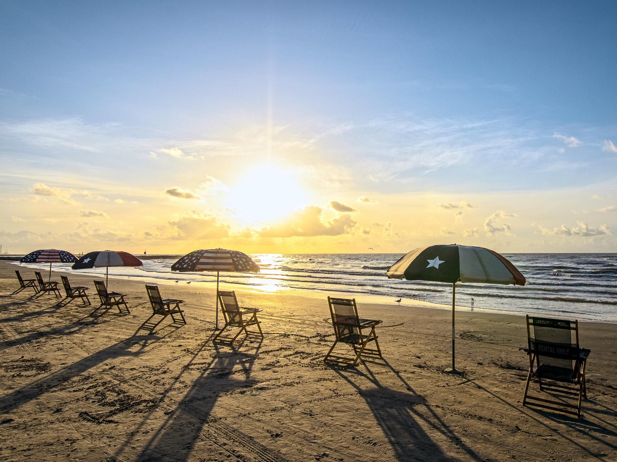 Galveston beach with umbrellas
