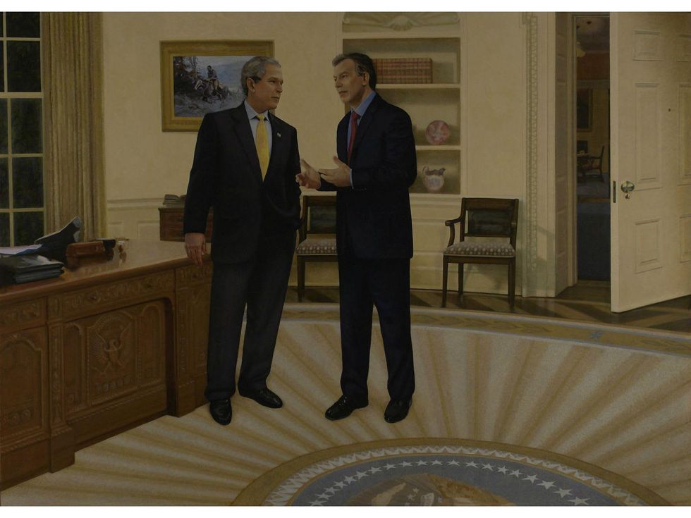 George W. Bush and Tony Blair in Mark Balma's portrait The Ties That Bind