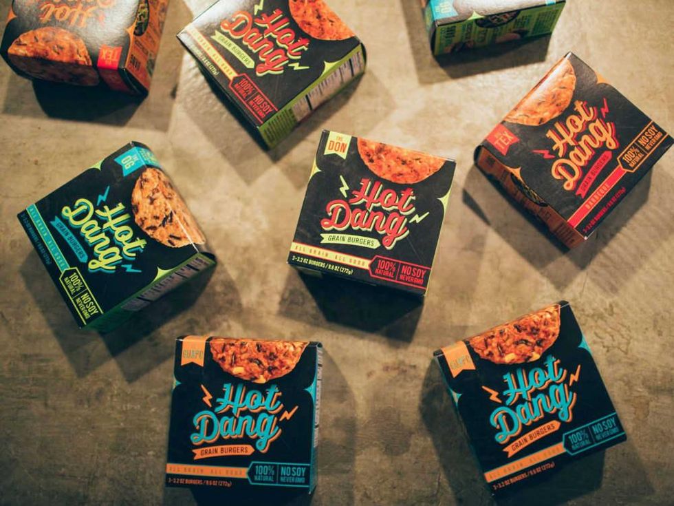 Hot Dang grain burgers vegetarian brand logo box