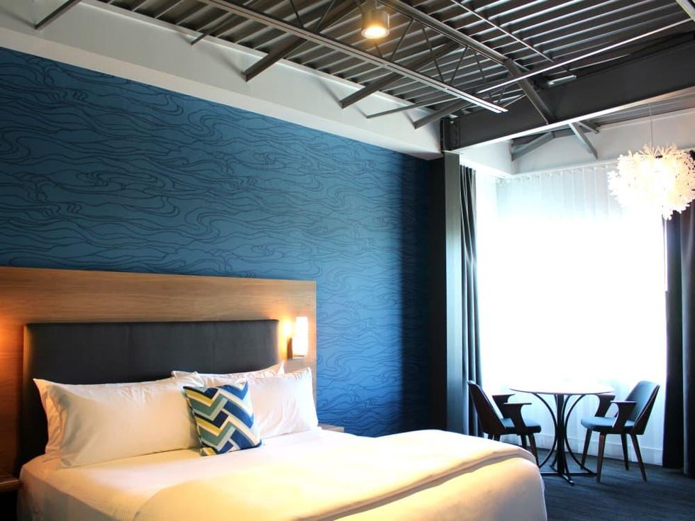 Hotel Eleven 11th Street Austin 2016 guest bedroom large blue window