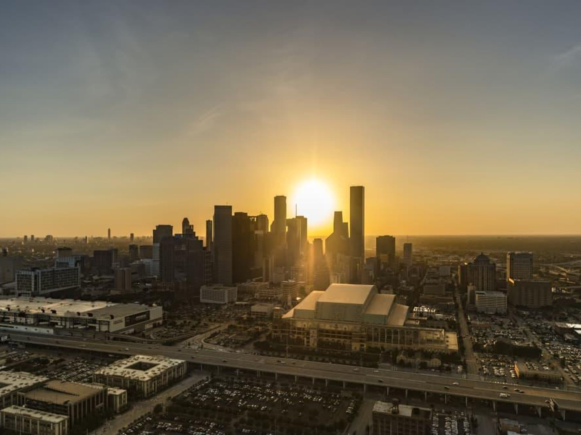 houston skyline downtown sun