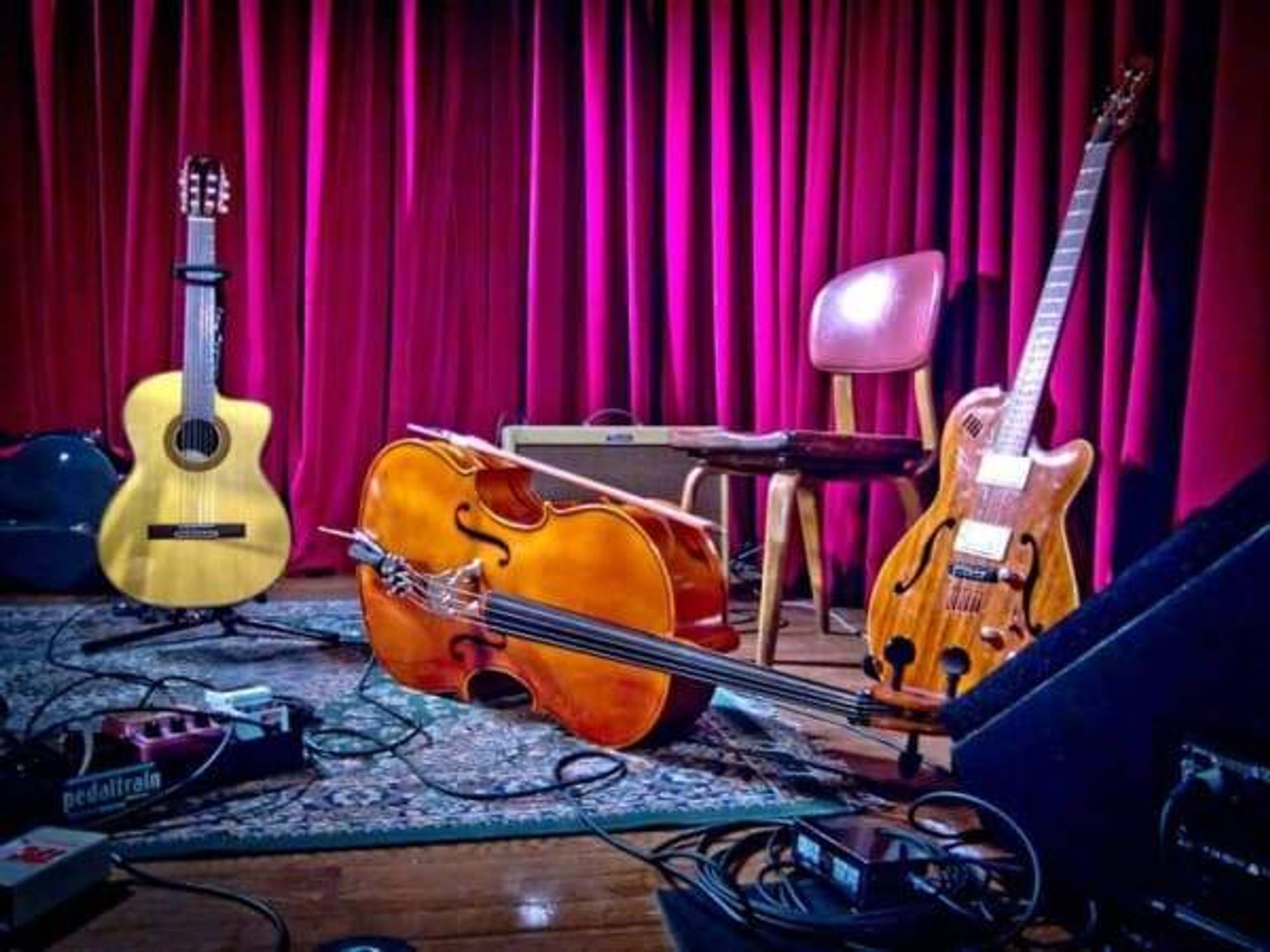 instruments on the stage of the Cactus Cafe