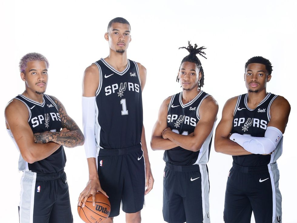 Jeremy Sochan, Victor Wembanyama, Keldon Johnson, and Devin Vassell of the 23-24 San Antonio Spurs