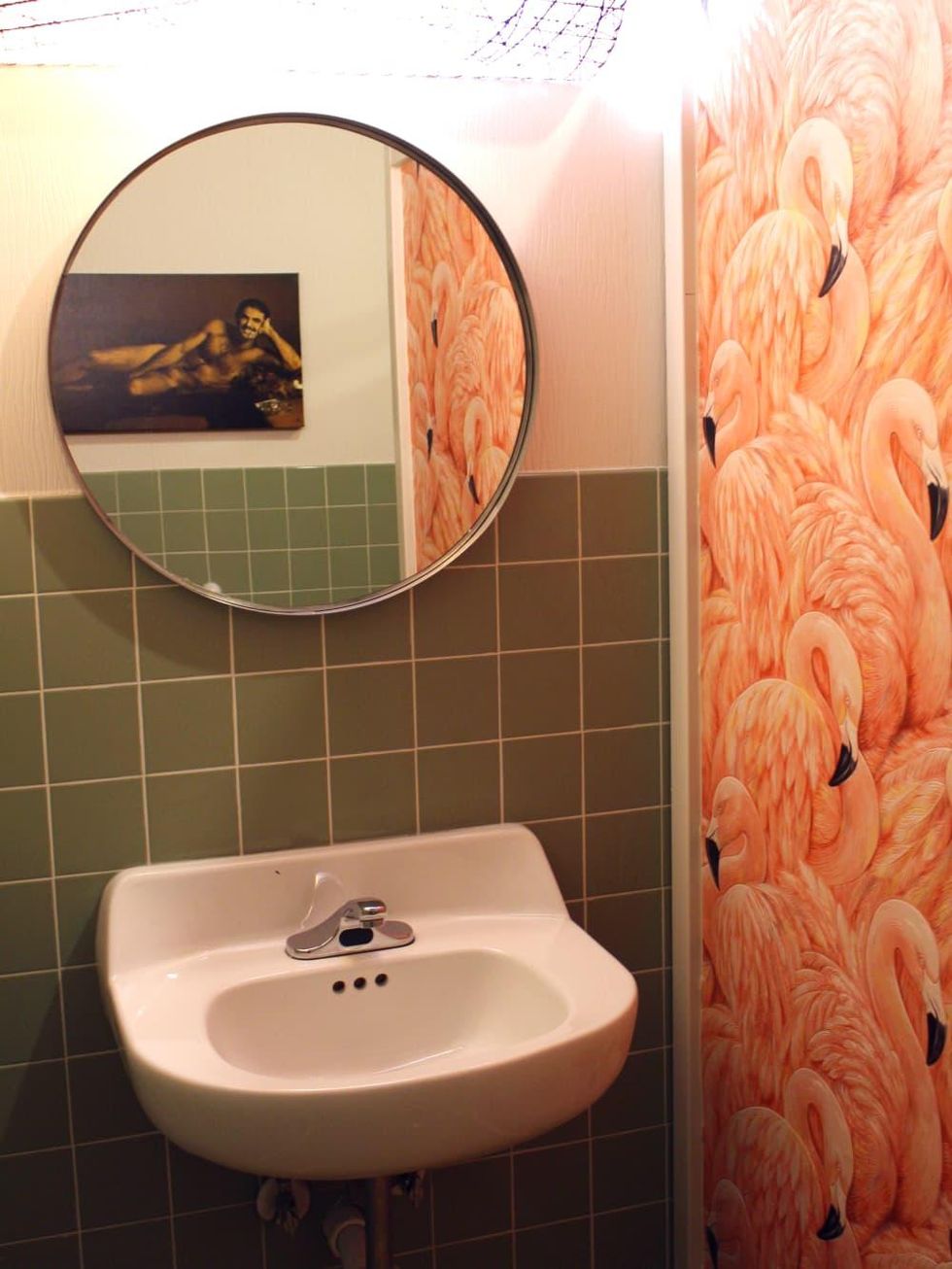 Kitty Cohen's Austin bar women bathroom flamingo