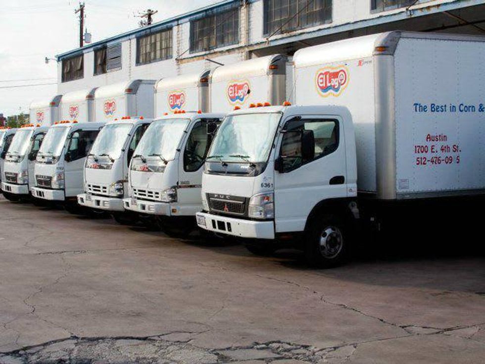 line of delivery trucks for El Lago Mexican Foods