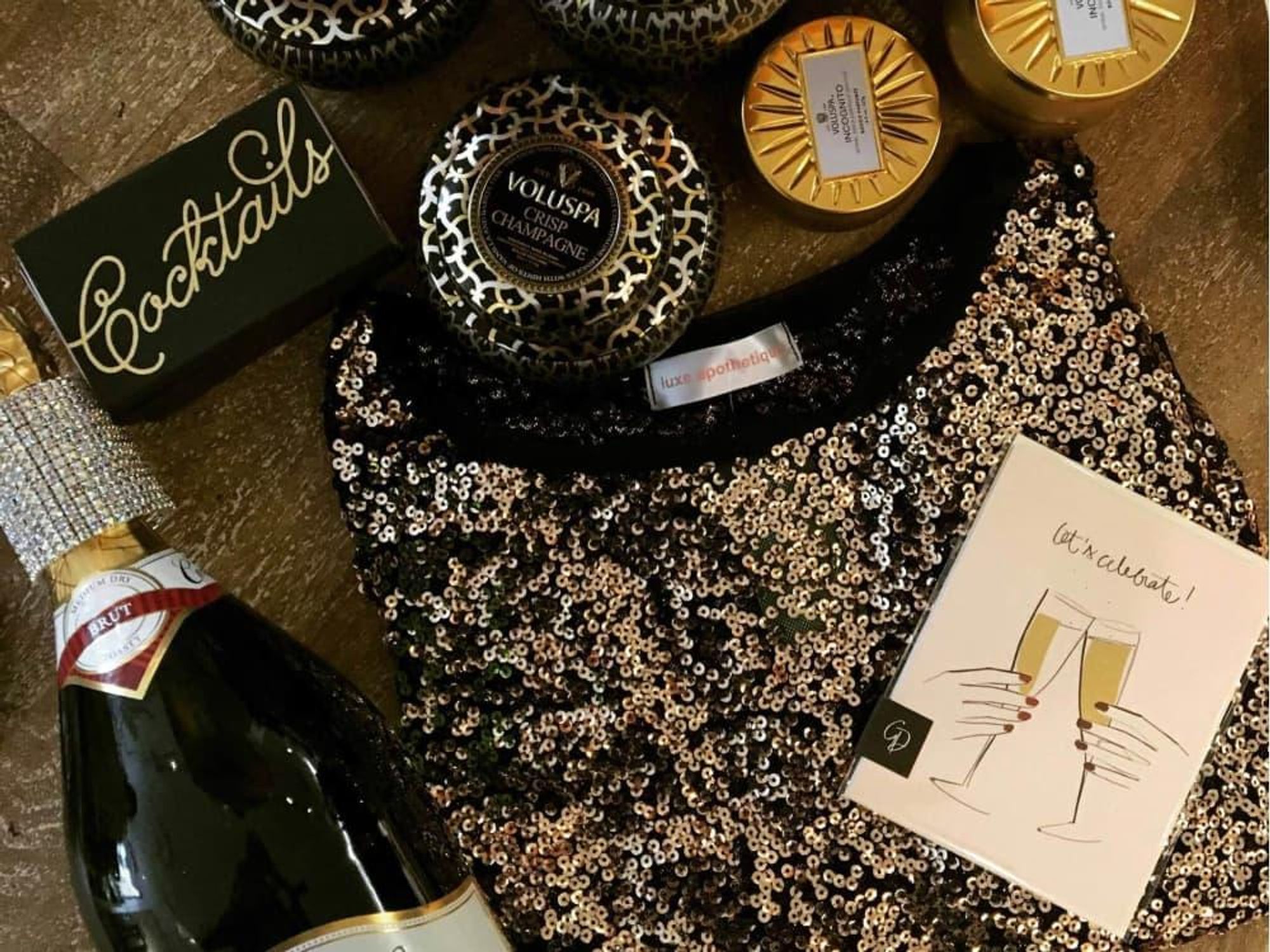 Luxe Apothetique merchandise and champagne