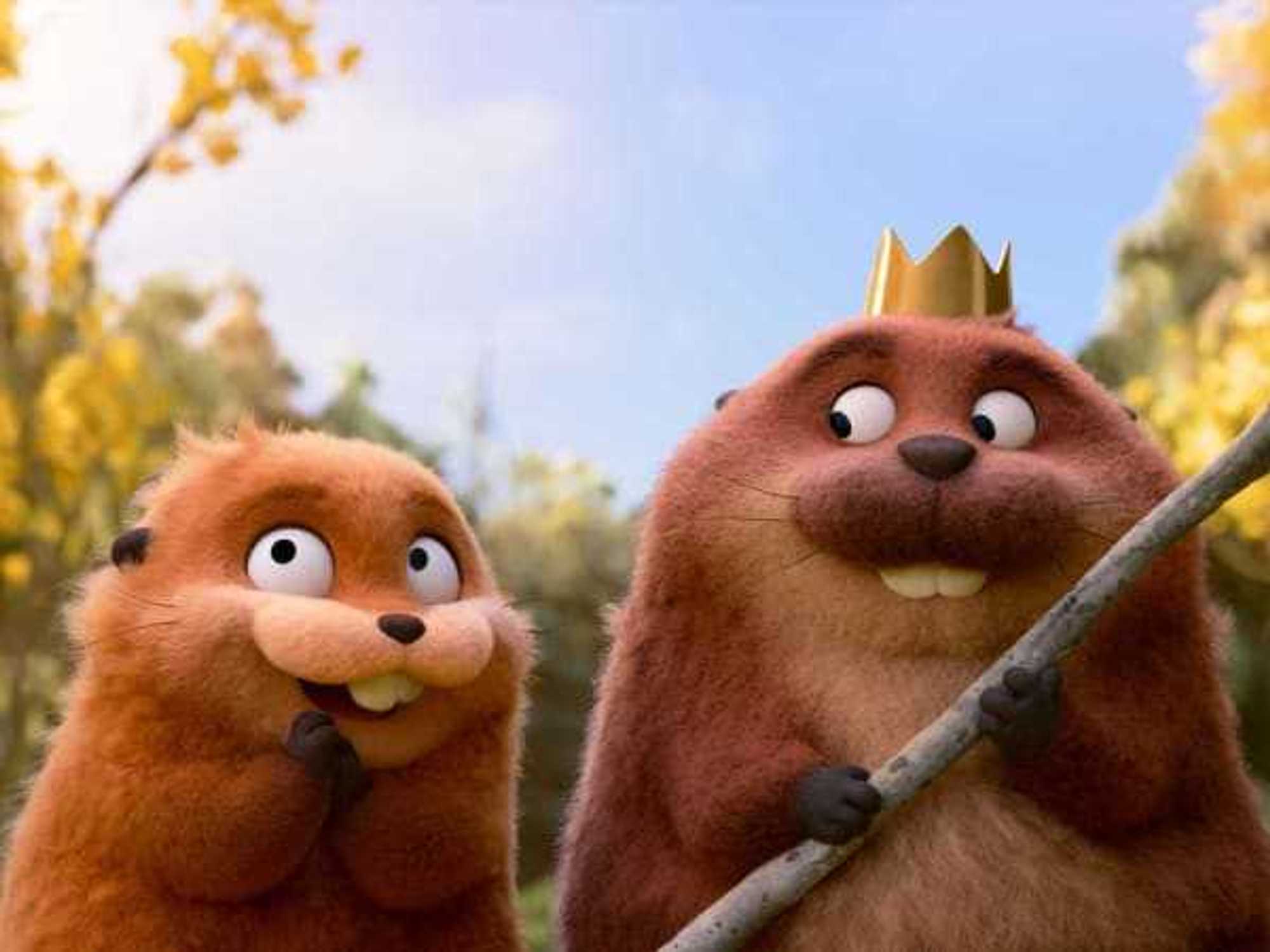 Mabel (Piper Kurda) and King George (Bobby Moynihan) in Hoppers