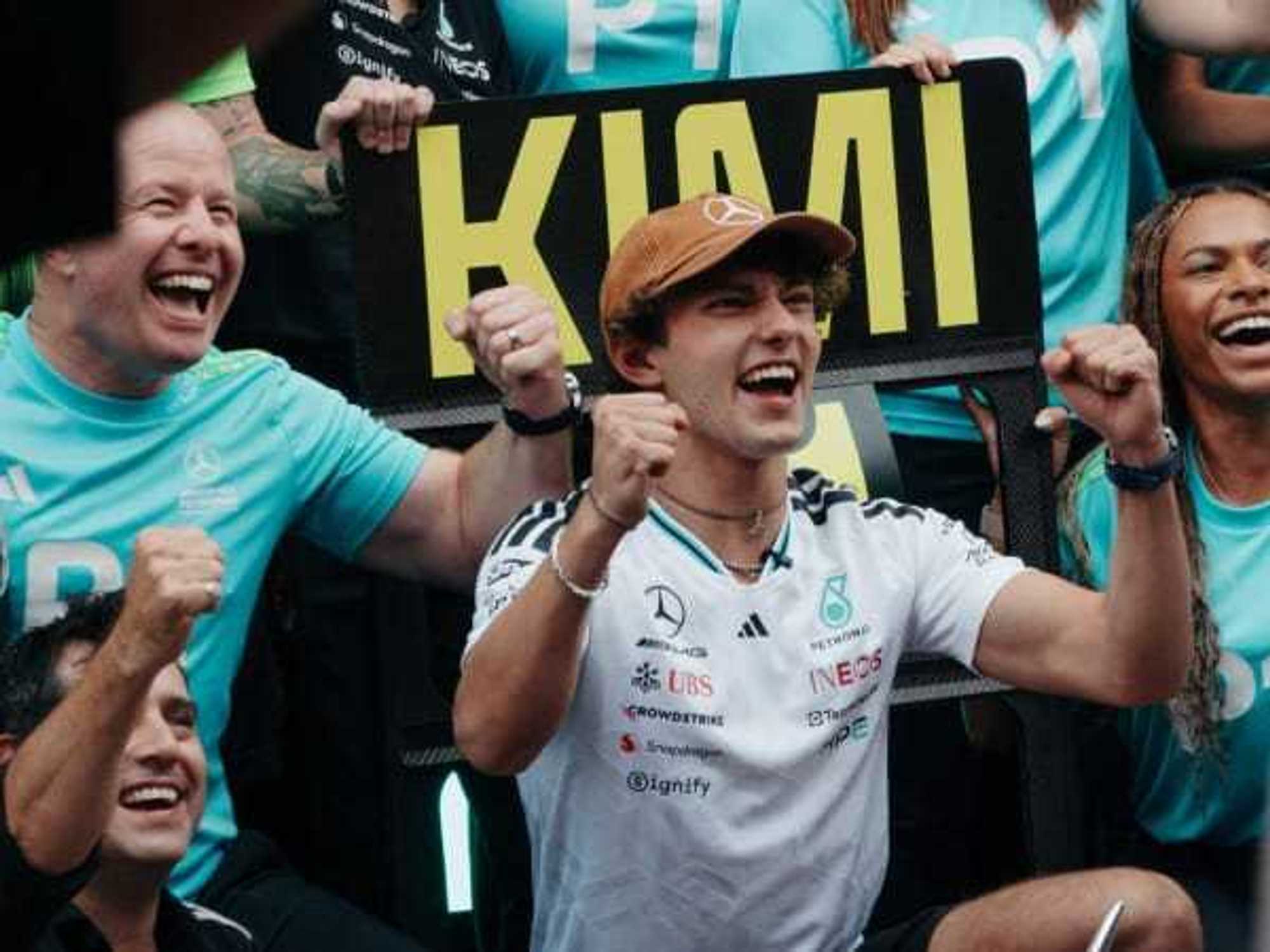 Mercedes driver Kimi Antonelli celebrates his U.S. Grand Prix win with his team.