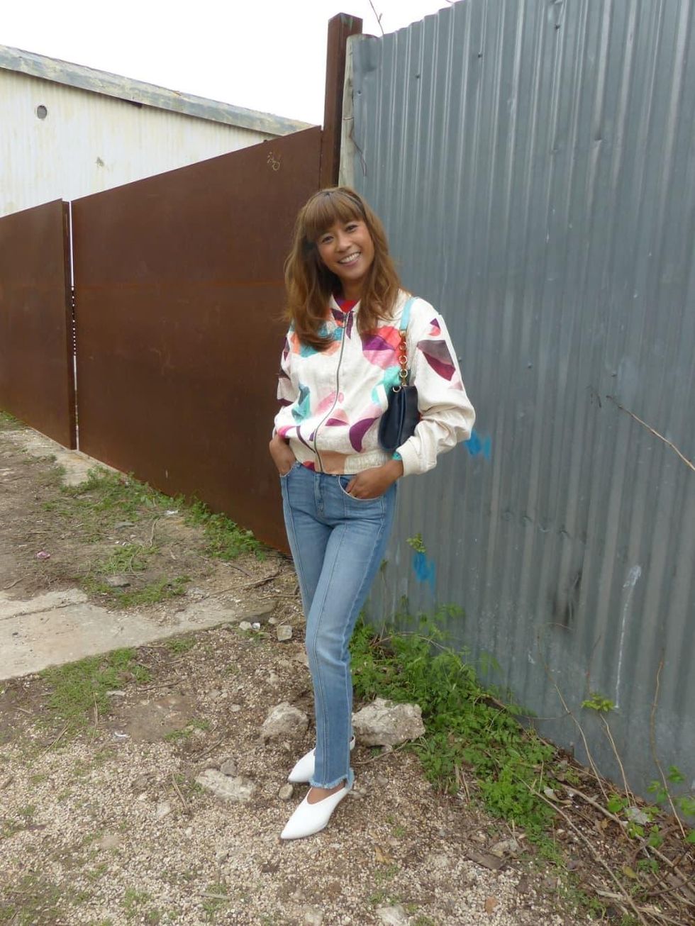 Michelle Rexilius wears a colorful 80's inspired jacket and heeled slip on shoes from Zara in Austin, Texas