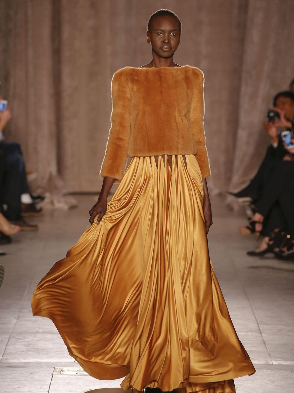 Model Alek Wek in Zac Posen gown from fall 2015 collection