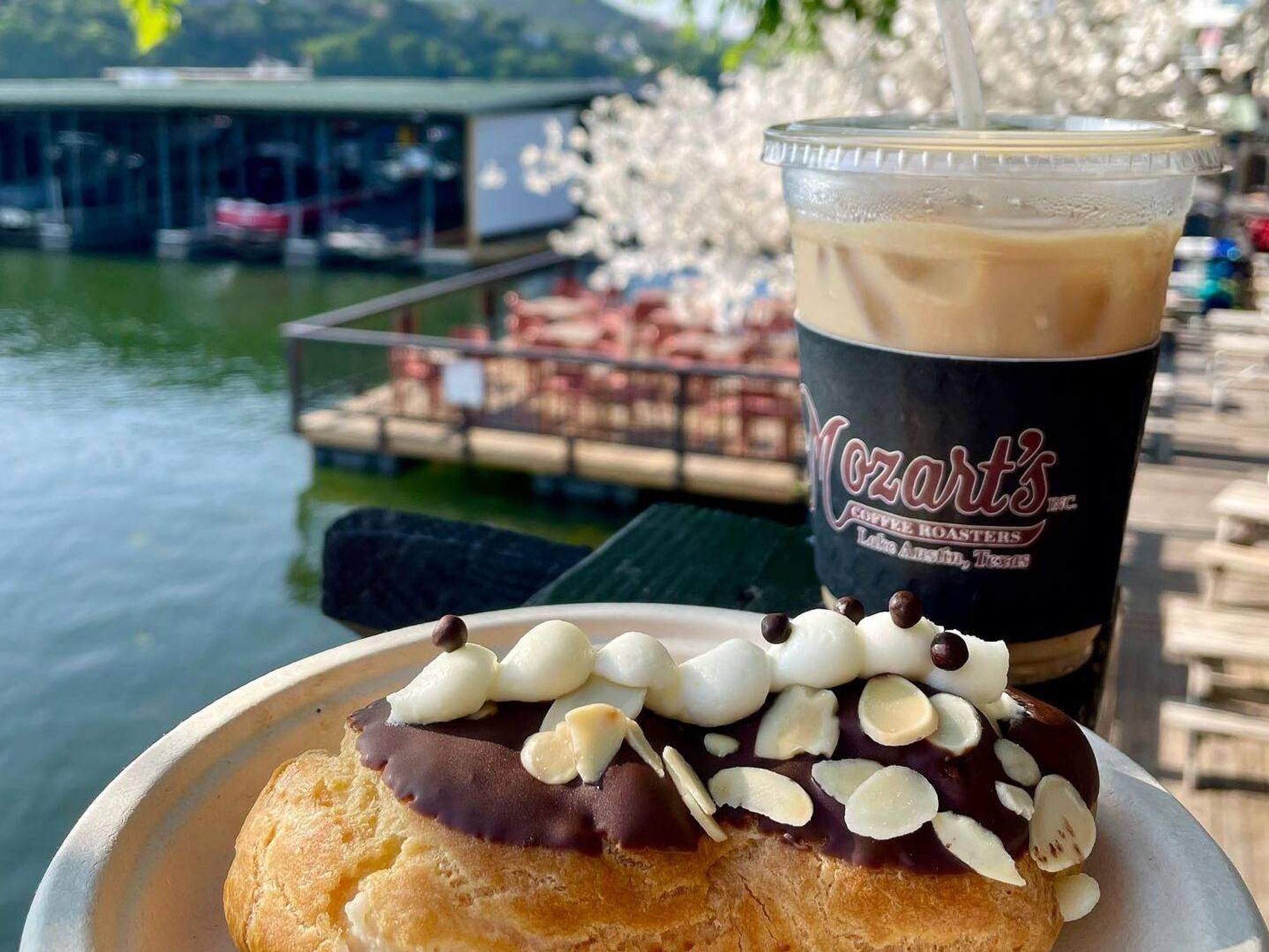 Mozart's Coffee Roasters iced coffee and eclair