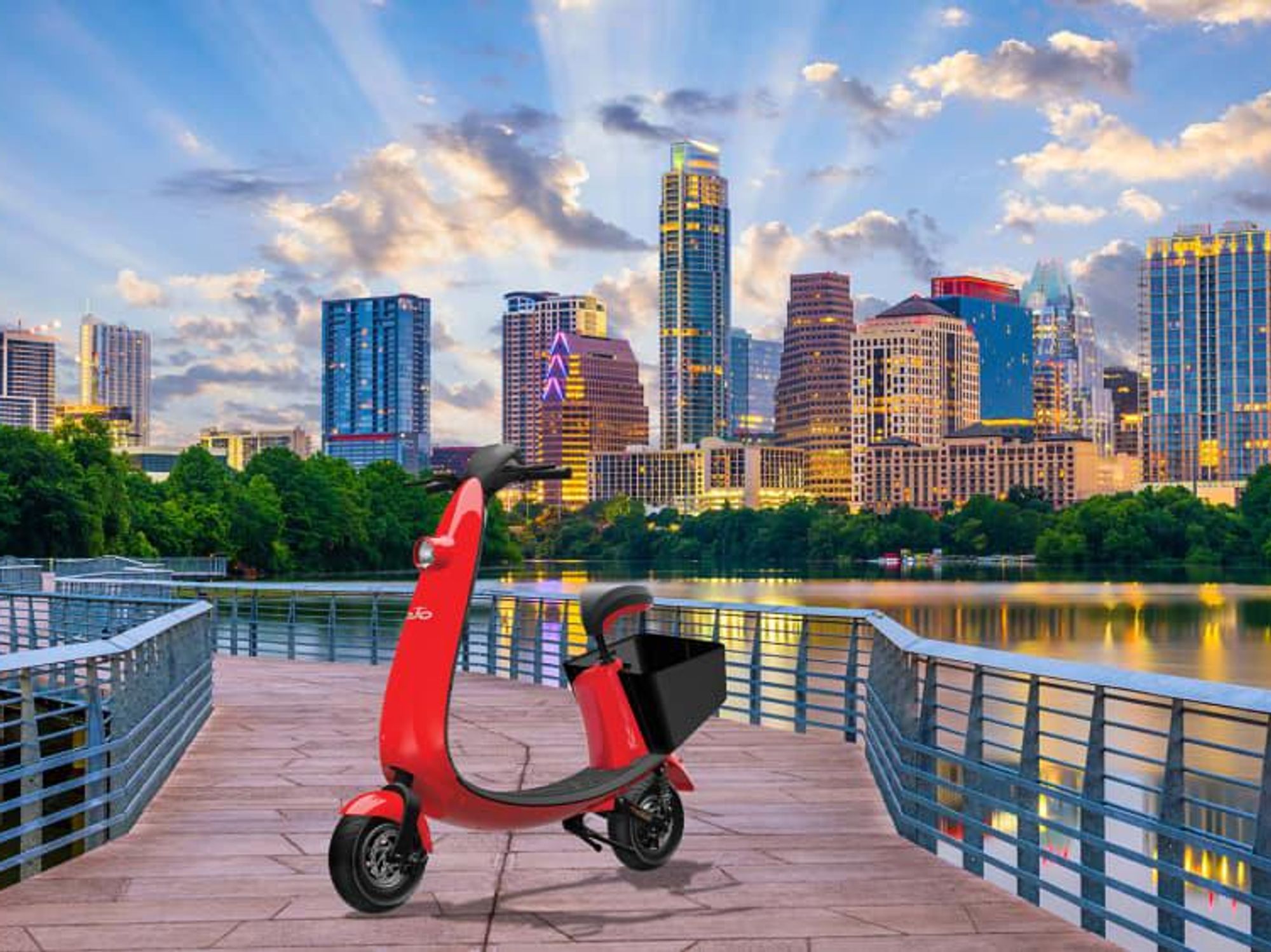 Ojo electric sit-down scooter Austin skyline