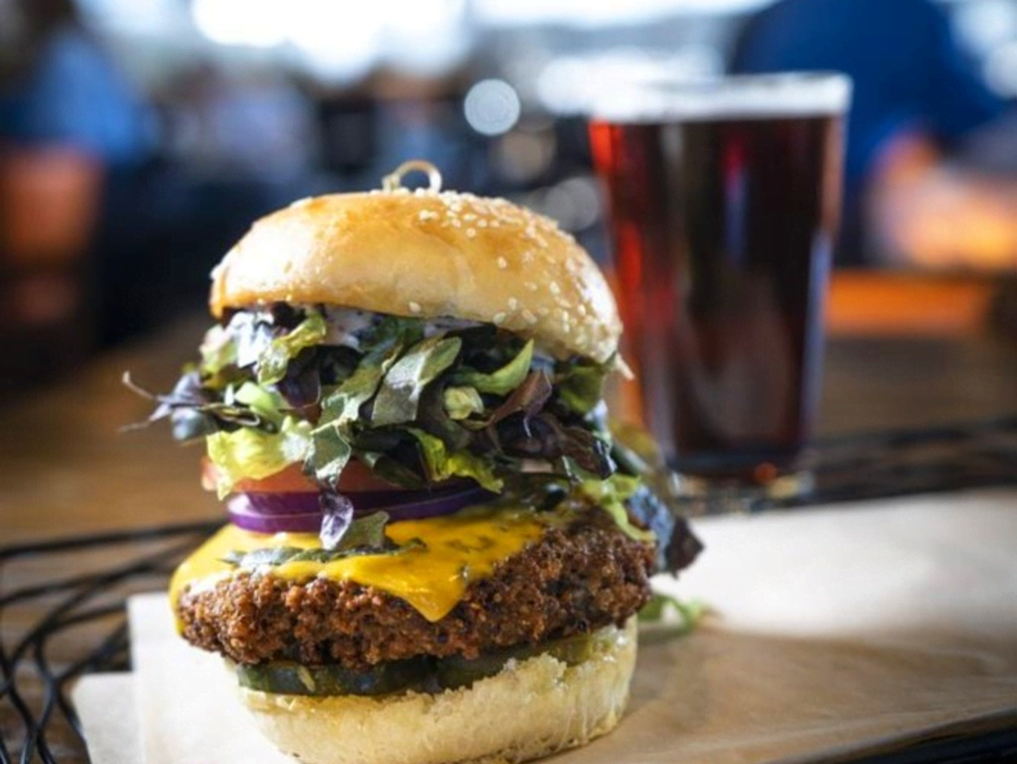 One of 5280's high-end burgers stands tall.