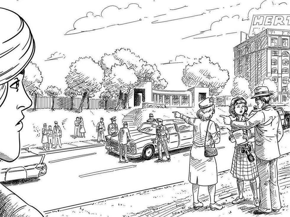 page from Who Killed JFK? by Justin Sewell of kid detective at Dealey Plaza