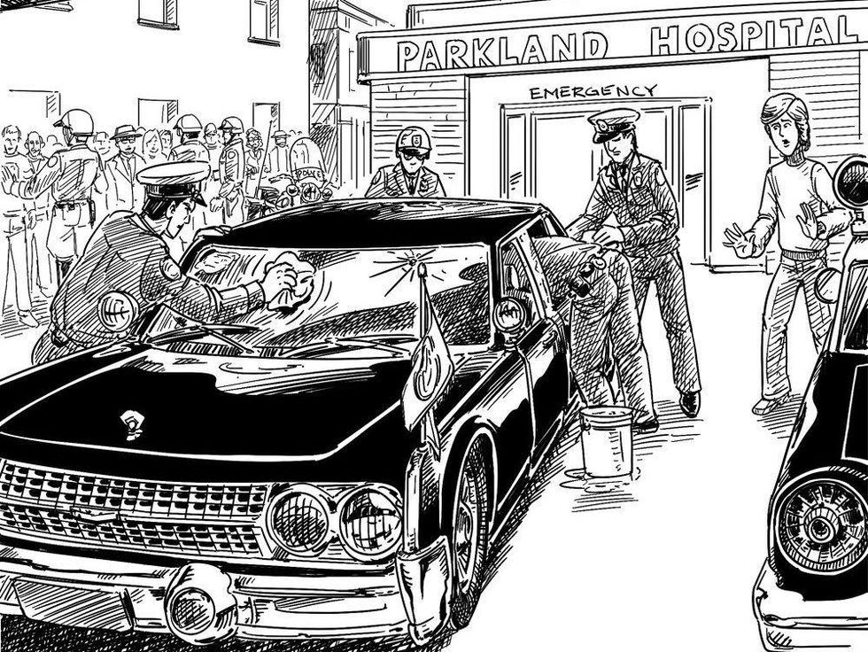 page from Who Killed JFK? by Justin Sewell of kid detective at Parkland Hospital