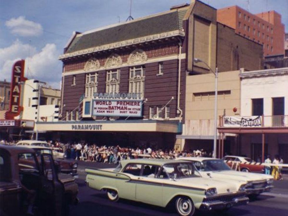 Paramount Theatre_100 Years_Exterior Then_Batman Premiere