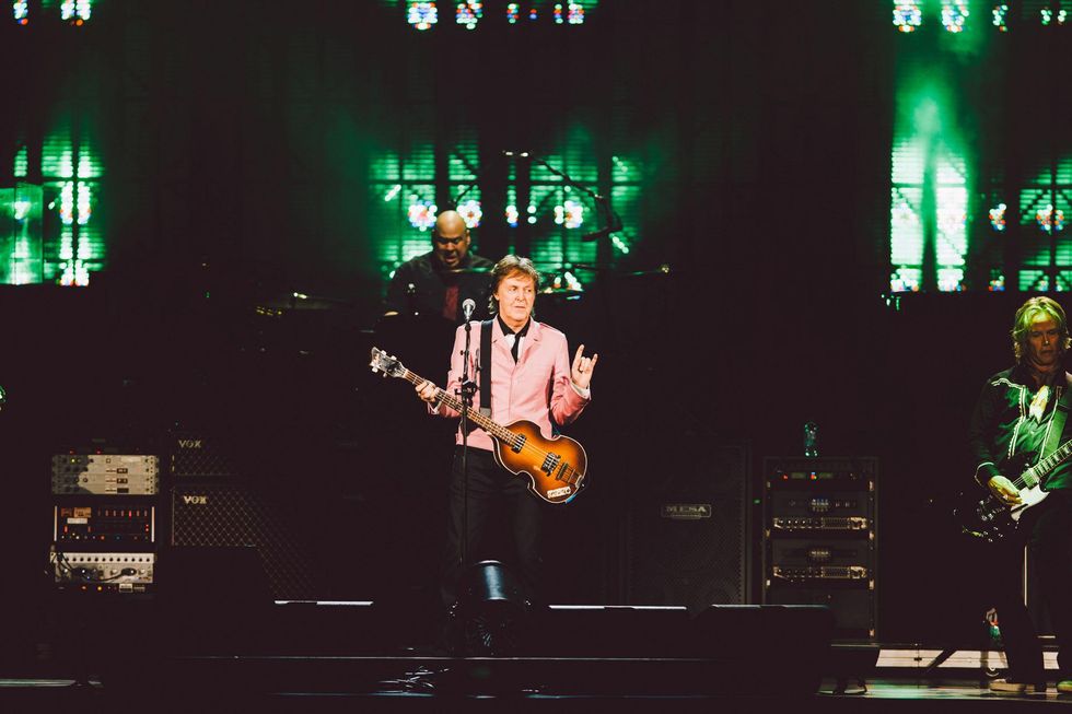 Paul McCartney at the Frank Erwin Center making the longhorn sign